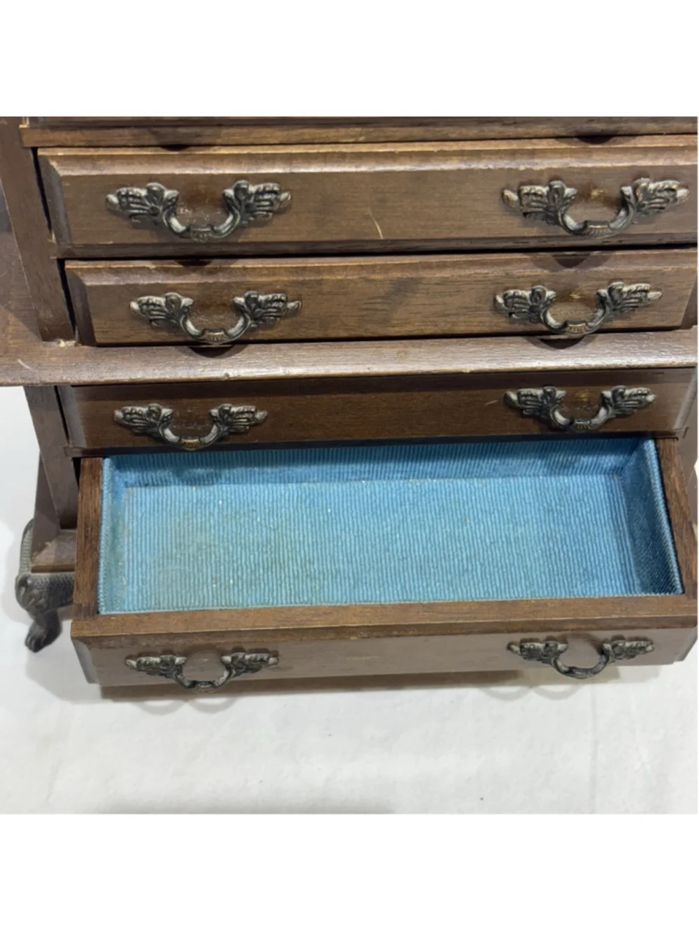 Vintage Wood 5 Drawer Jewelry Music Box Mini Dresser Queen Anne Claw Feet NO KEY